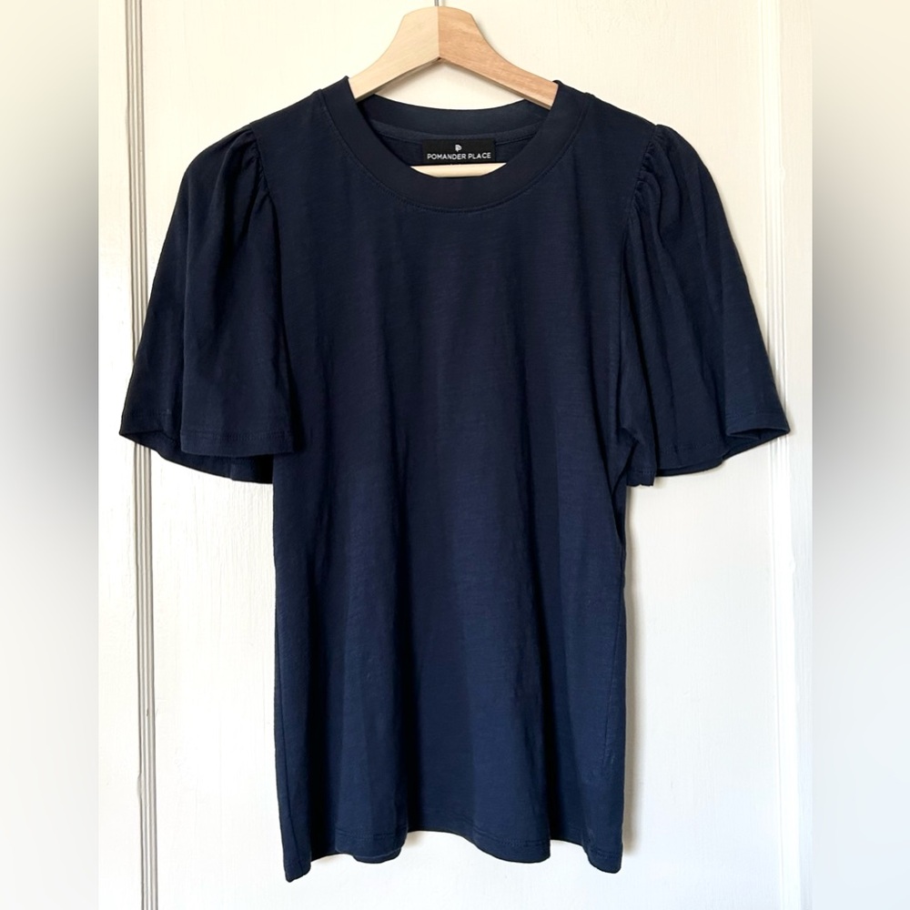Tuckernuck Pomander Place Flutter Sleeve Cotton Tee Shirt Navy Blue S